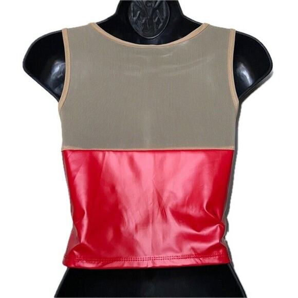New XS Red Flame Vegan Leather Top Sleeveless Mesh Y2K Stretchy Sexy Devil Satan - Picture 4 of 5